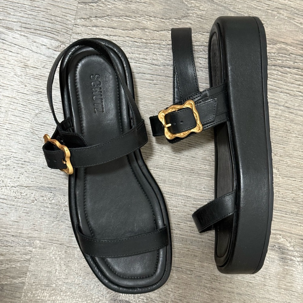 SCHUTZ Black Sandals with Gold Accent